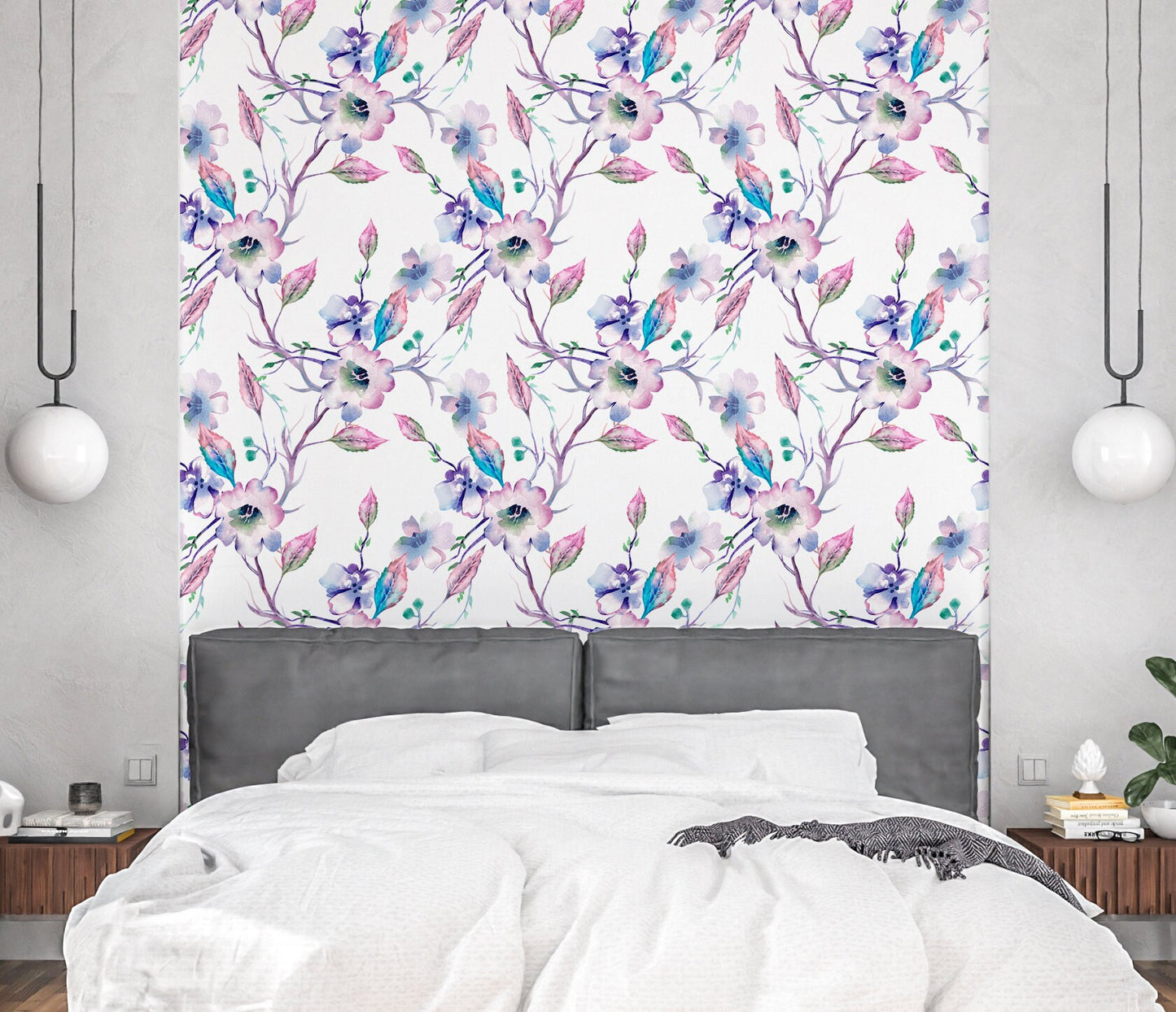 Apple Tree Branches Wallpaper Peel and Stick, Purple Blossom Canvas Removable Wall Paper