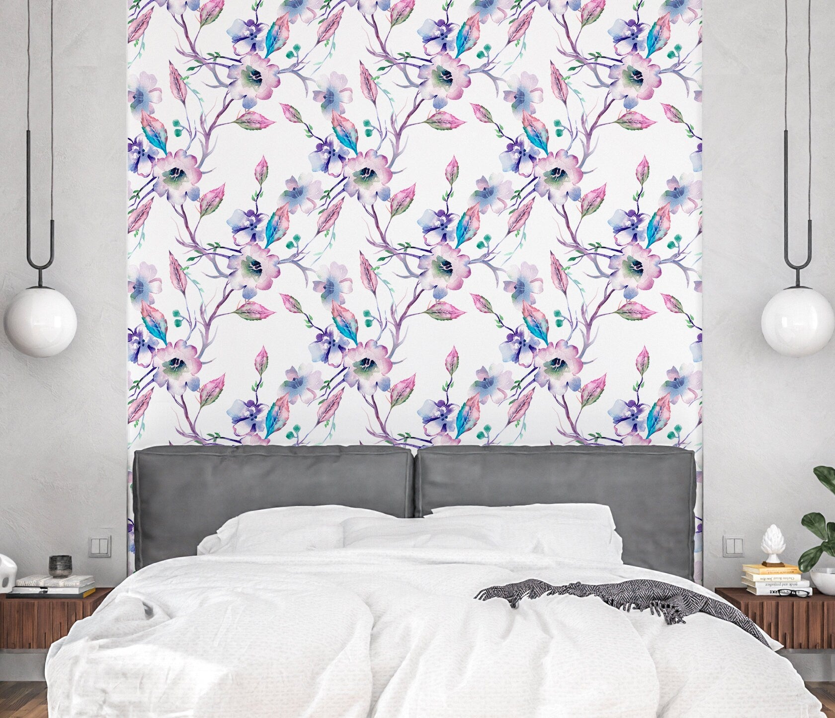 Apple Tree Branches Wallpaper Peel and Stick, Purple Blossom Canvas Removable Wall Paper