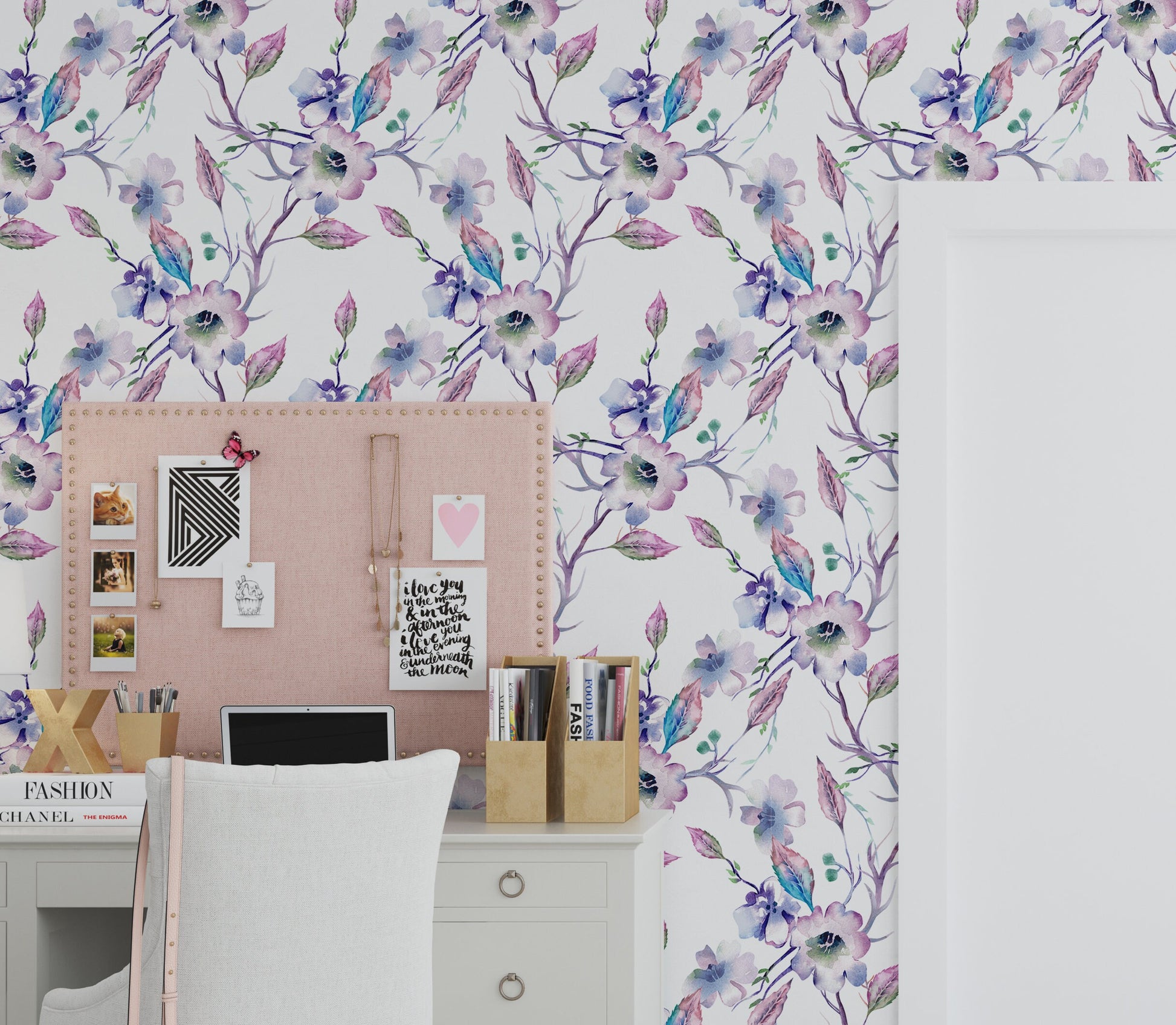 Apple Tree Branches Wallpaper Peel and Stick, Purple Blossom Canvas Removable Wall Paper