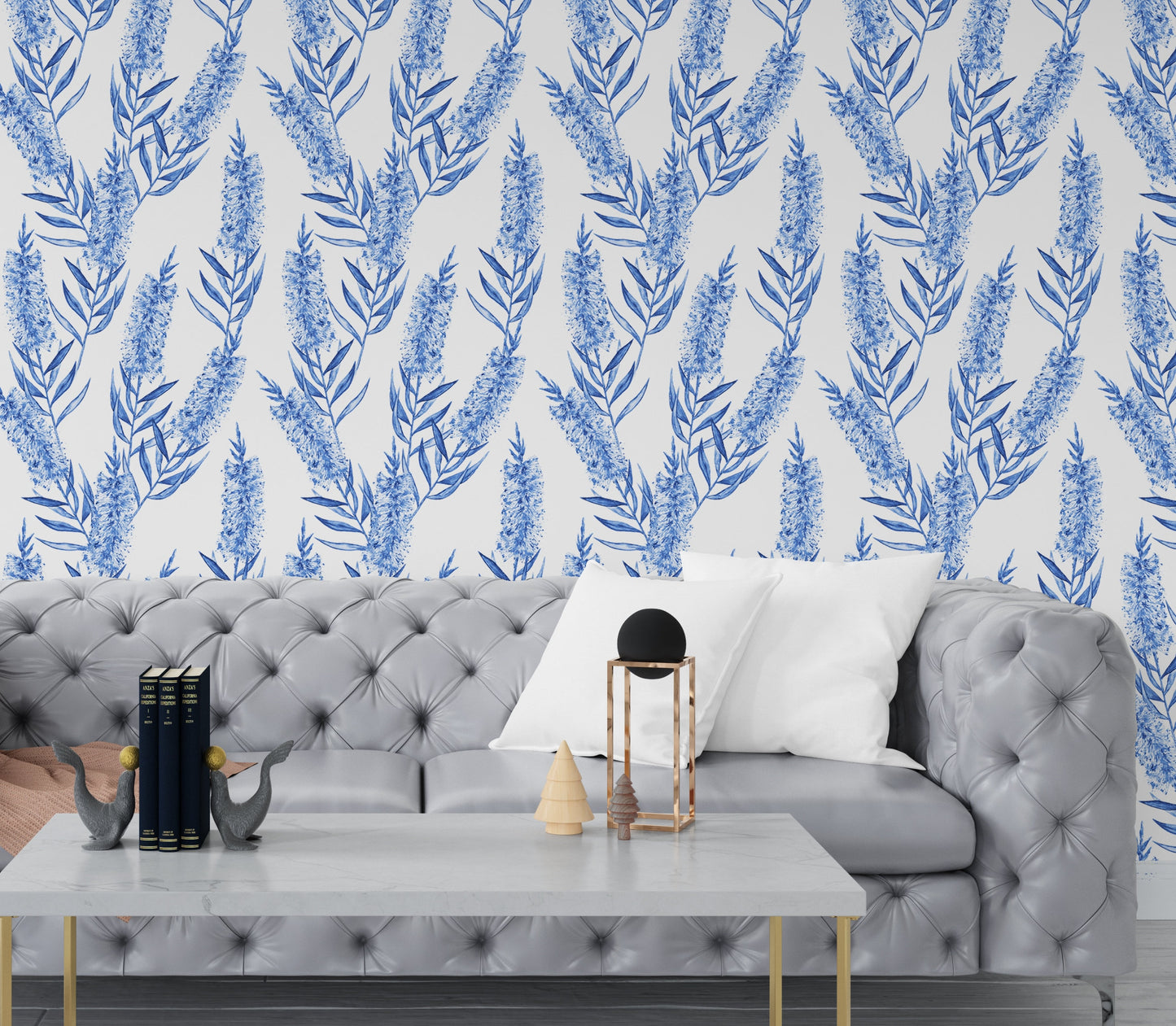 Bottlebrush Wallpaper Peel and Stick, Blue and White Leaf Botanical Removable Wall Paper