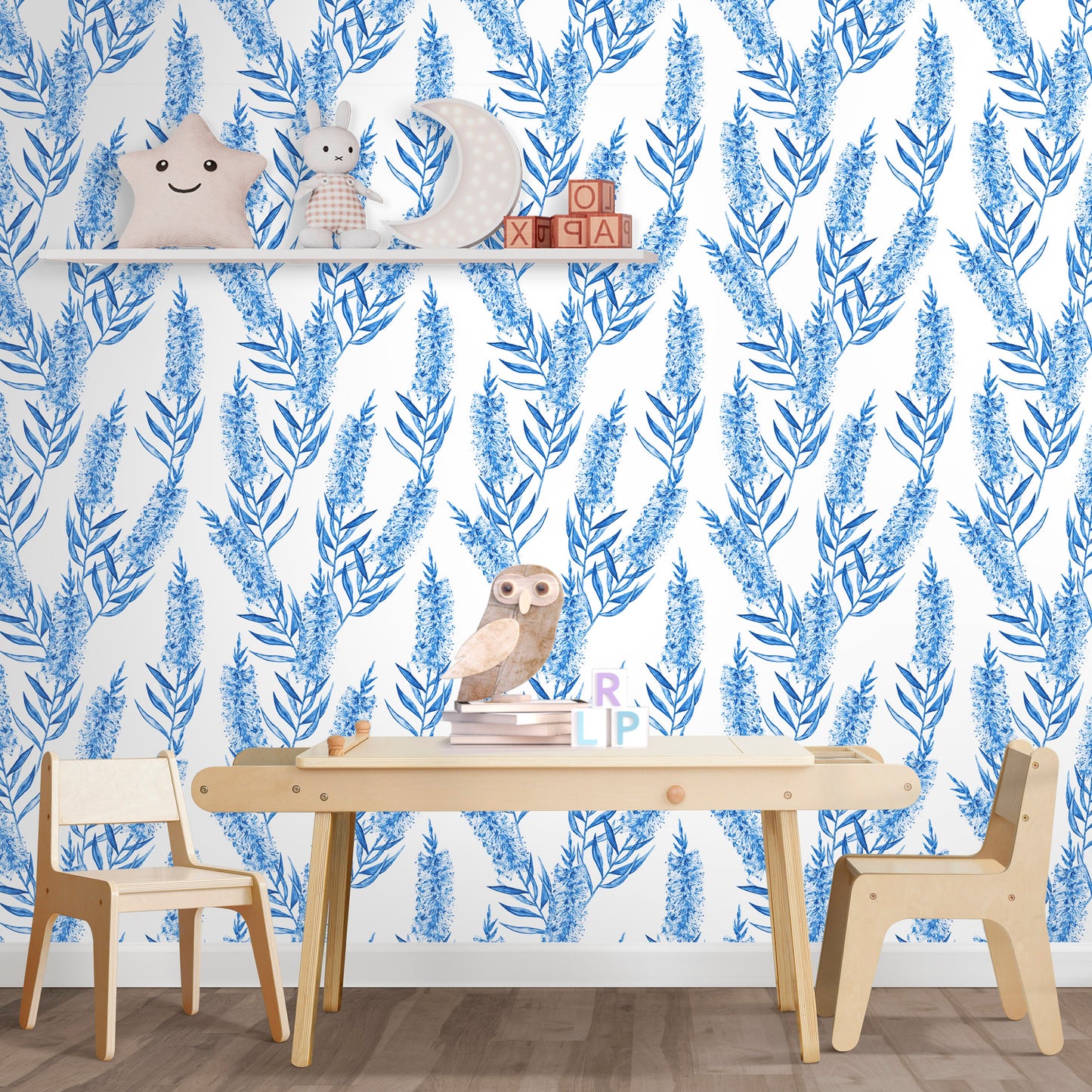 Bottlebrush Wallpaper Peel and Stick, Blue and White Leaf Botanical Removable Wall Paper
