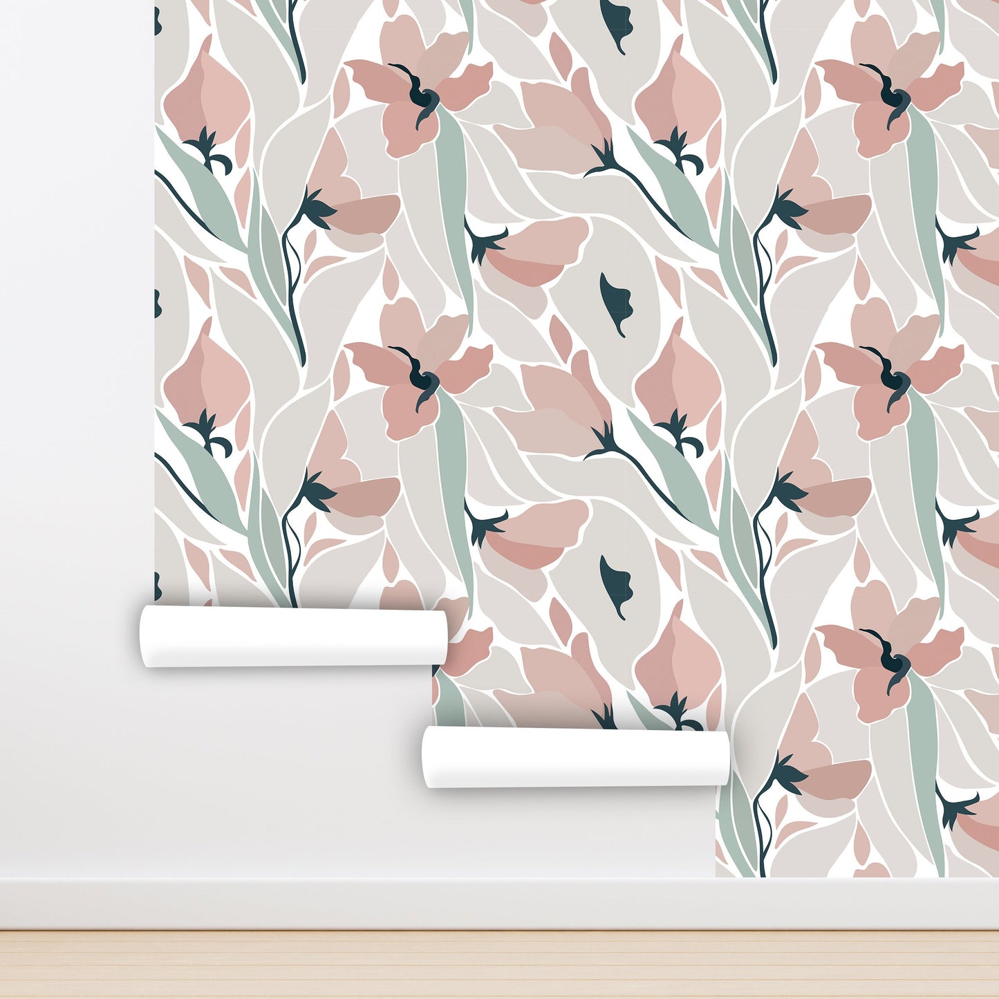 Abstract Flowers Wallpaper Peel and Stick, 70s Boho Canvas Removable Wall Paper