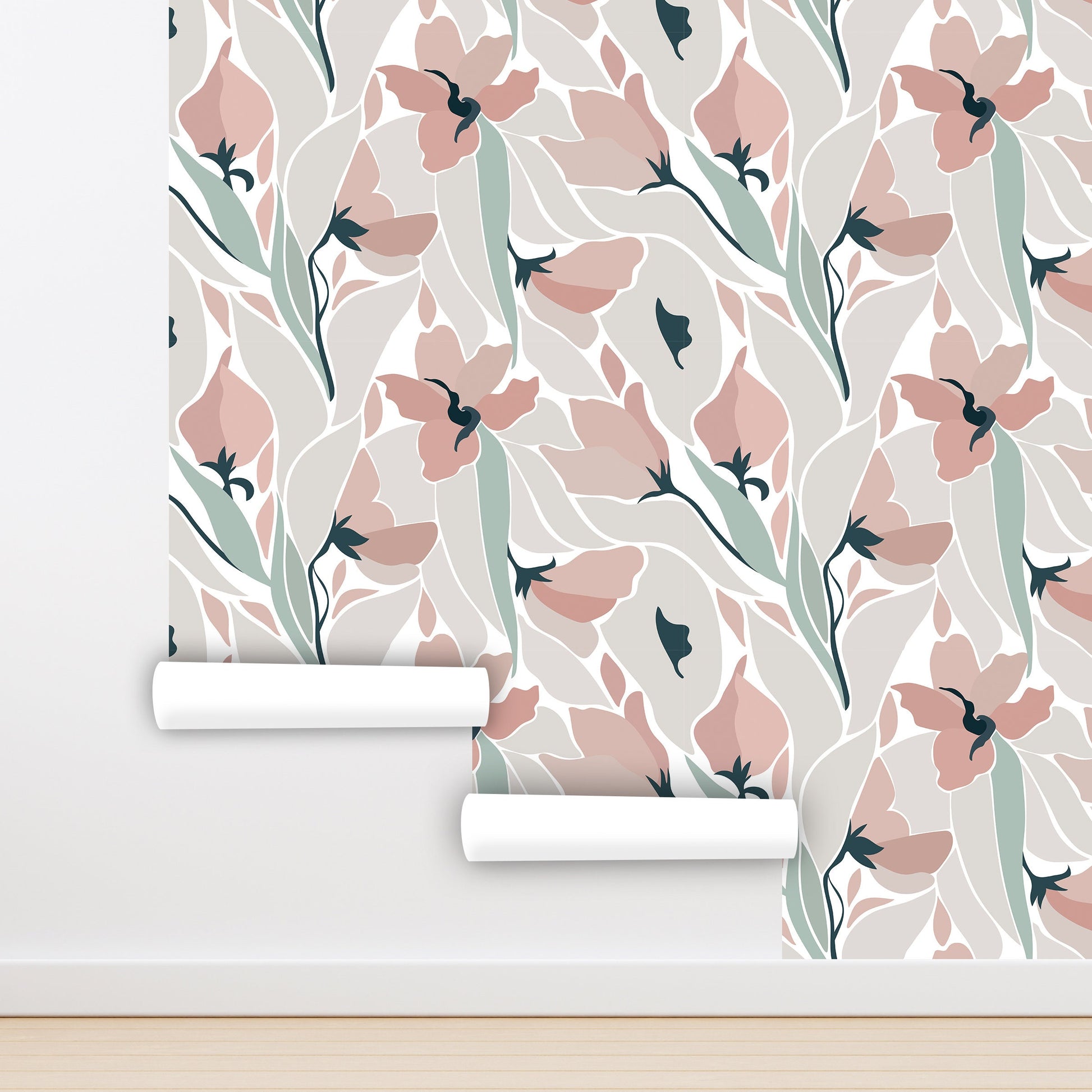 Abstract Flowers Wallpaper Peel and Stick, 70s Boho Canvas Removable Wall Paper