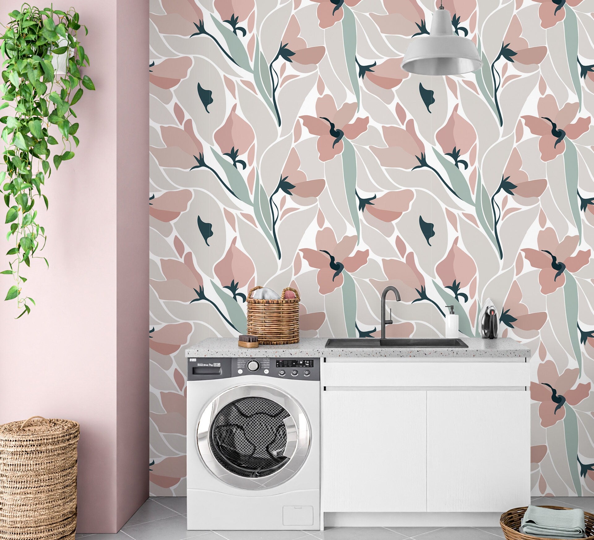 Abstract Flowers Wallpaper Peel and Stick, 70s Boho Canvas Removable Wall Paper