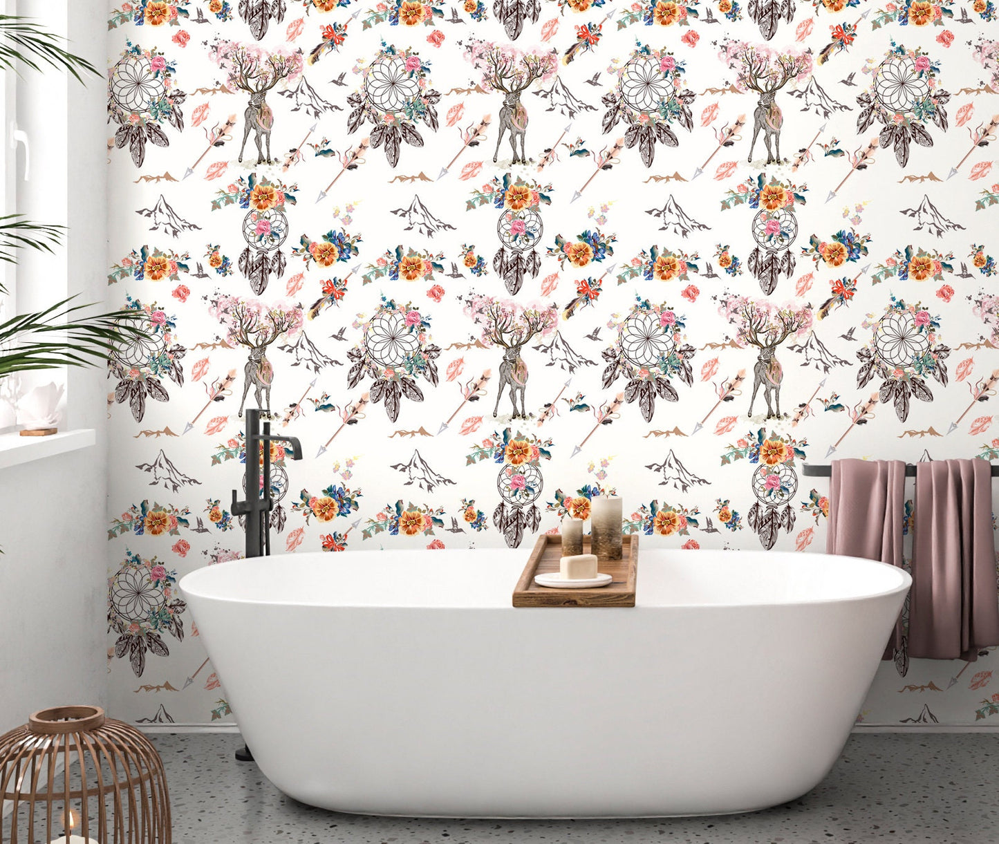 Dreamcatcher Wallpaper Peel and Stick, Boho Dear Canvas Removable Wall Paper