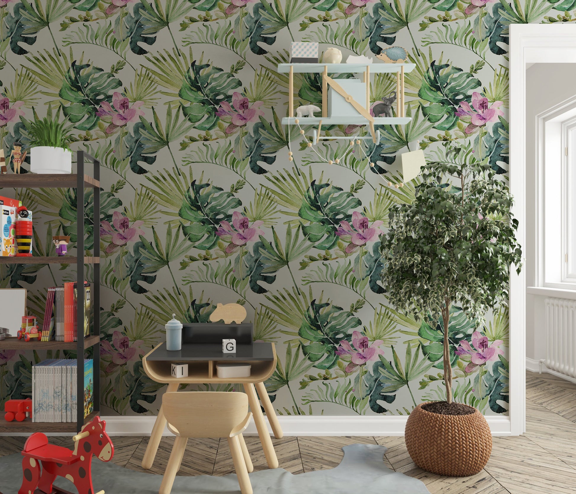 Monstera Wallpaper Peel and Stick, Waterolor Tropical Textured Removable Wall Paper