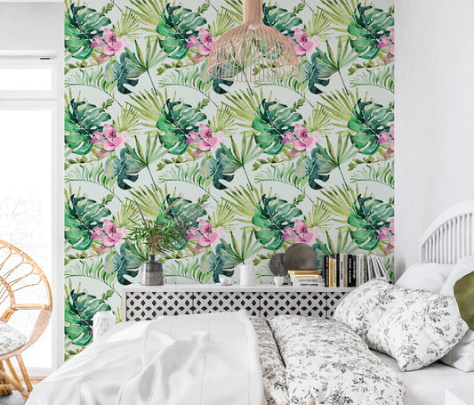 Monstera Wallpaper Peel and Stick, Waterolor Tropical Textured Removable Wall Paper