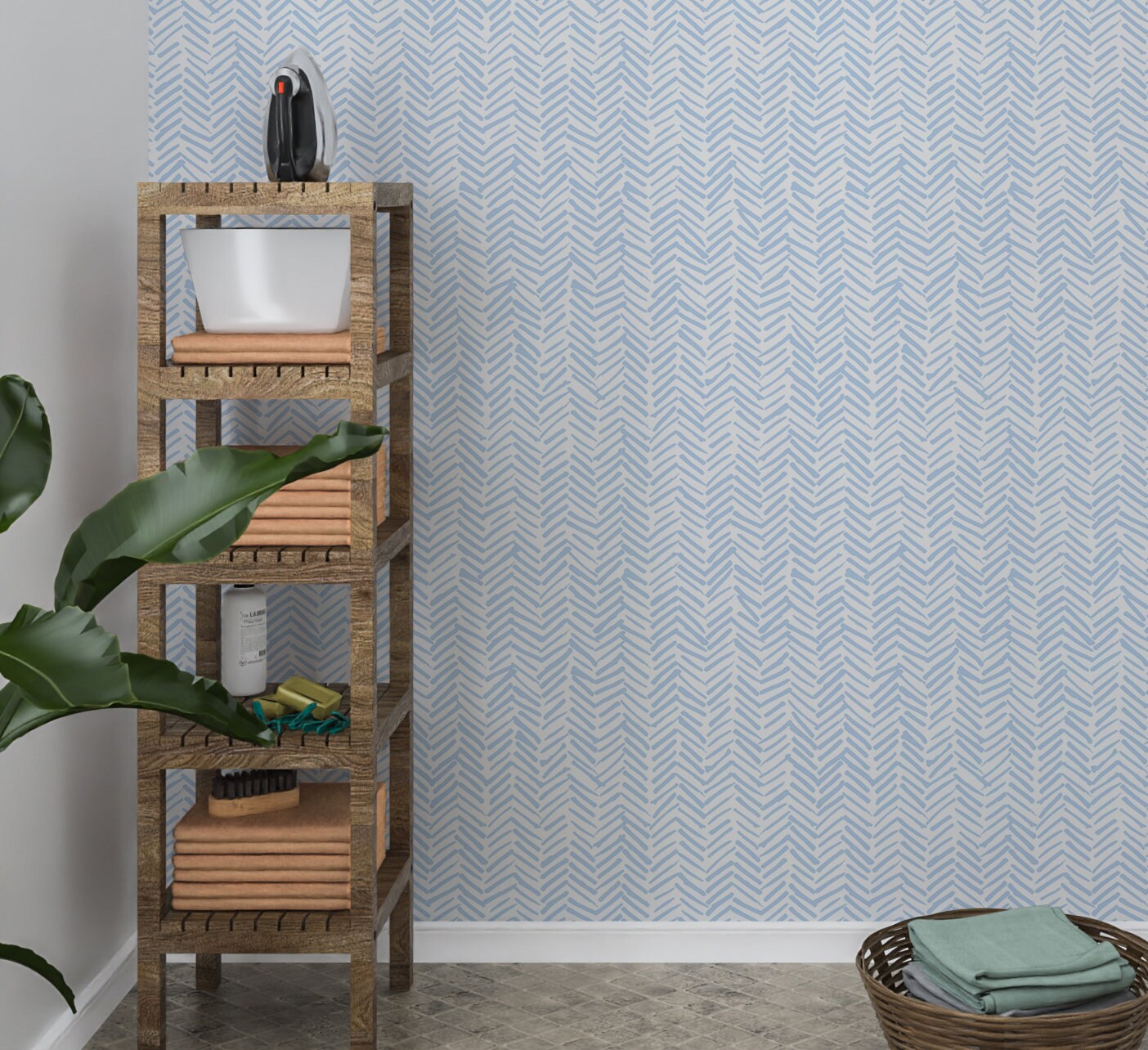 Herringbone Wallpaper Peel and Stick, Blue Shevron Geometric Canvas Removable Wall Paper