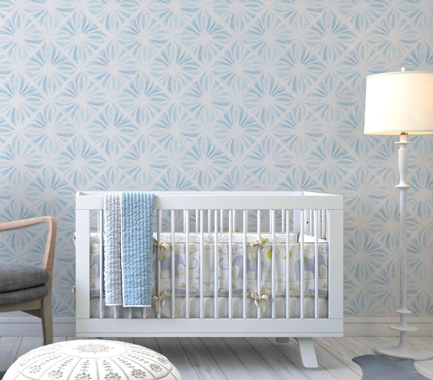 Moroccan Wallpaper Peel and Stick, Blue Watercolor Tile Geometric Canvas Removable Wall Paper