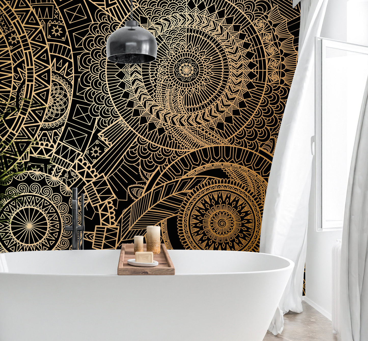 Mandala Wallpaper Peel and Stick, Black Geometric Canvas Removable Wall Paper