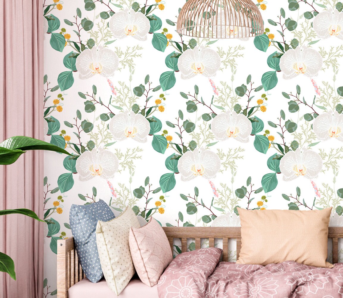 White Orchid Wallpaper Peel and Stick, Tropical Floral Canvas Removable Wall Paper