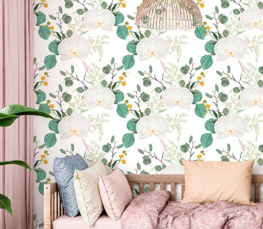 White Orchid Wallpaper Peel and Stick, Tropical Floral Canvas Removable Wall Paper