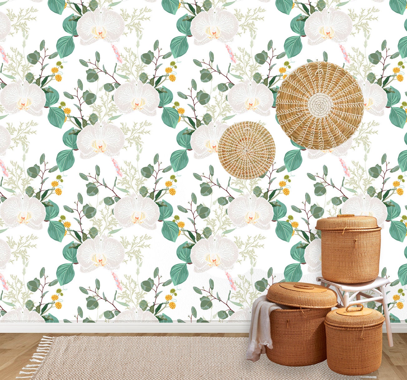 White Orchid Wallpaper Peel and Stick, Tropical Floral Canvas Removable Wall Paper