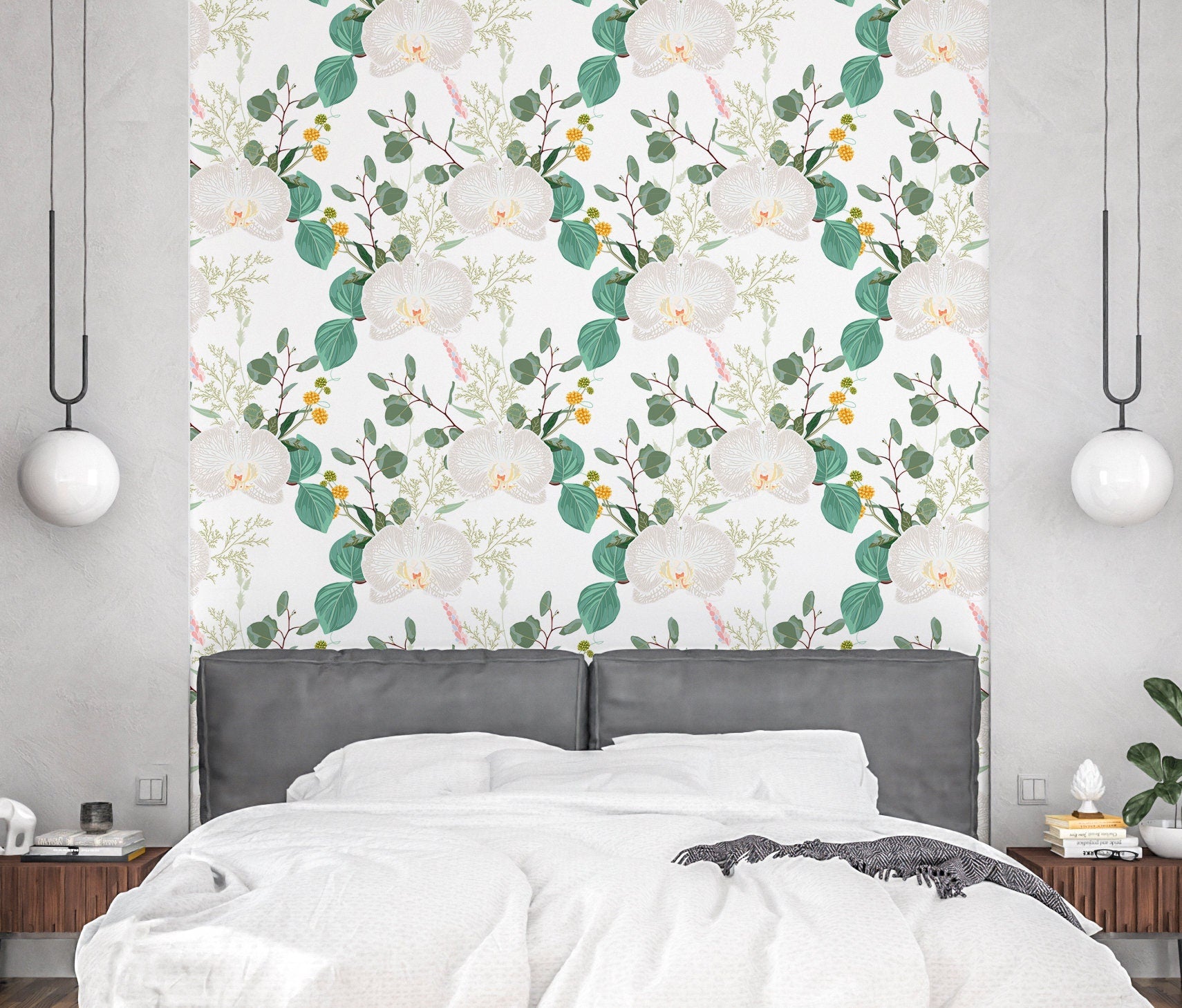 White Orchid Wallpaper Peel and Stick, Tropical Floral Canvas Removable Wall Paper