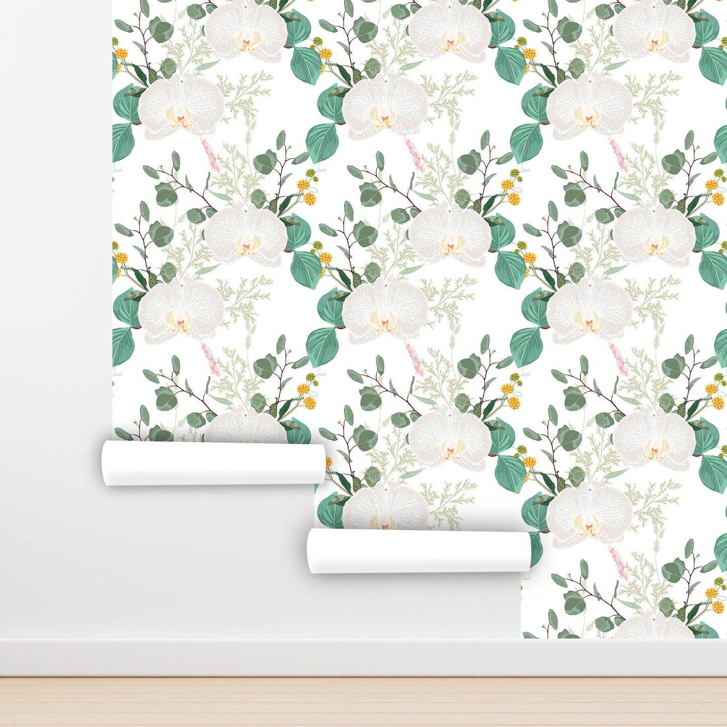 White Orchid Wallpaper Peel and Stick, Tropical Floral Canvas Removable Wall Paper