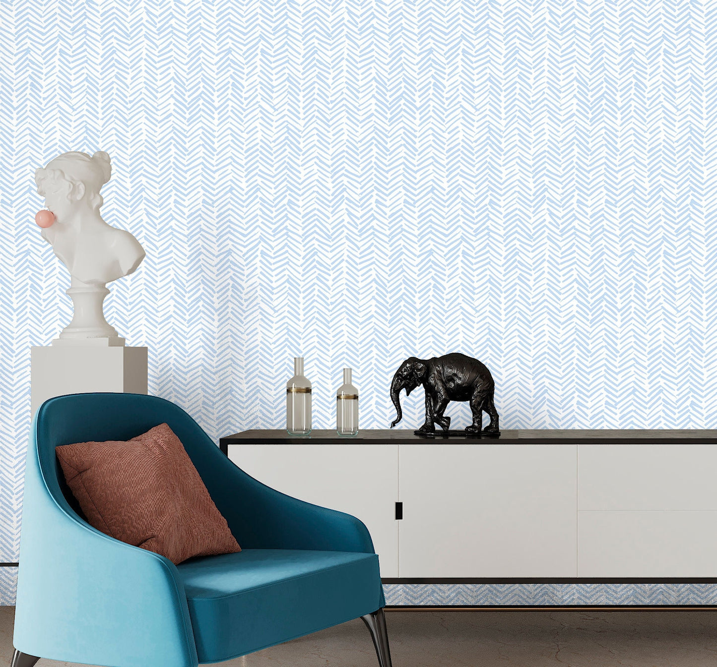 Herringbone Wallpaper Peel and Stick, Blue Shevron Geometric Canvas Removable Wall Paper