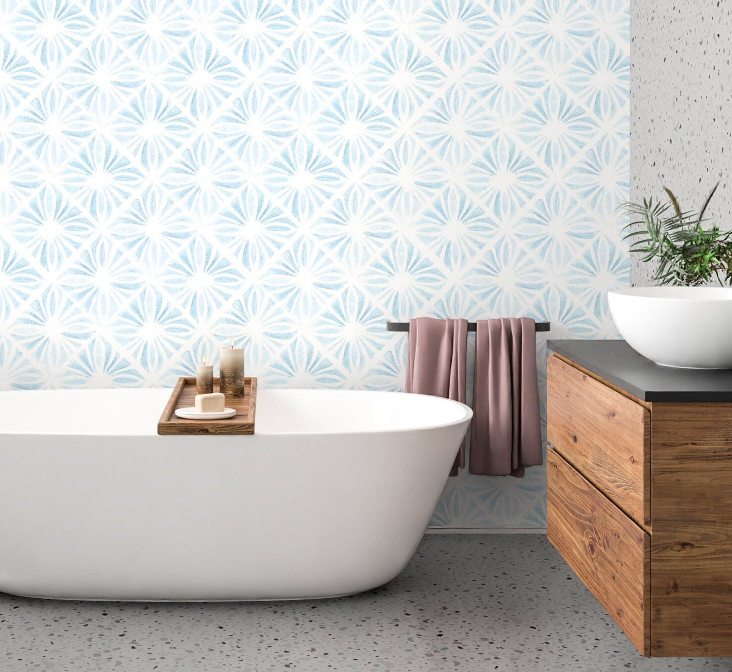 Moroccan Wallpaper Peel and Stick, Blue Watercolor Tile Geometric Canvas Removable Wall Paper