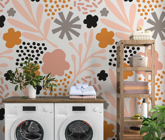 Abstract Flowers Wallpaper Peel and Stick, Beige Boho Canvas Removable Wall Paper