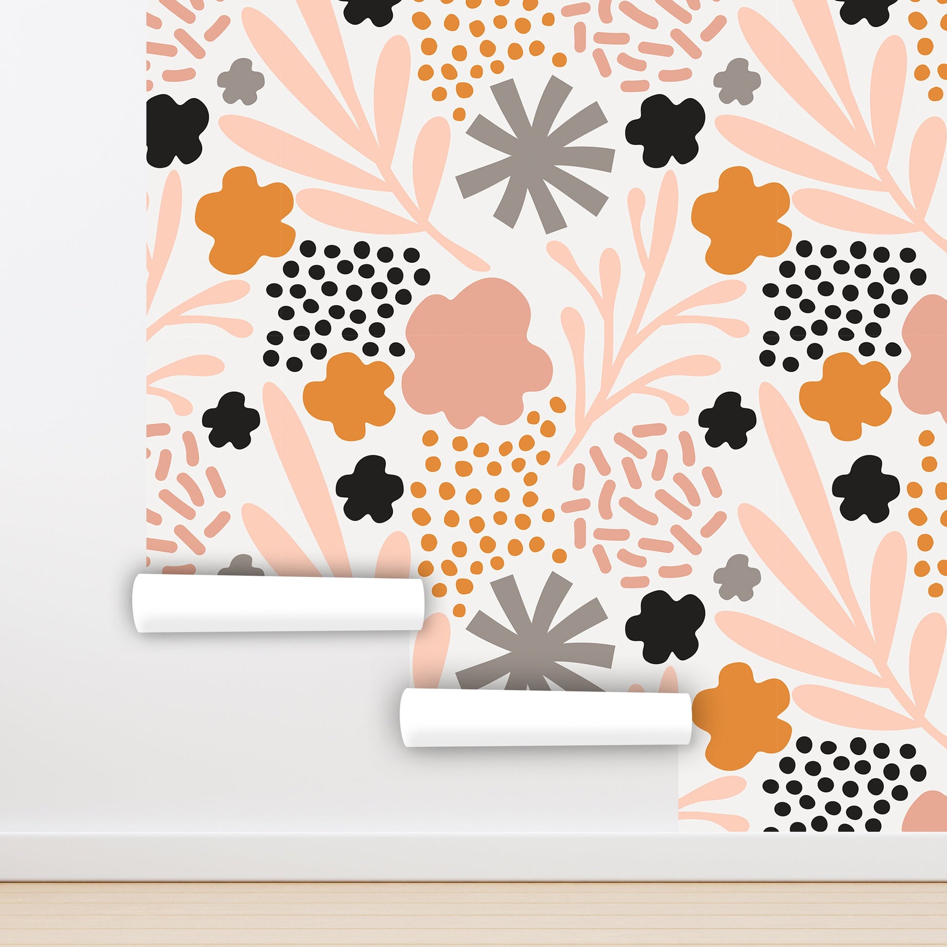 Abstract Flowers Wallpaper Peel and Stick, Beige Boho Canvas Removable Wall Paper