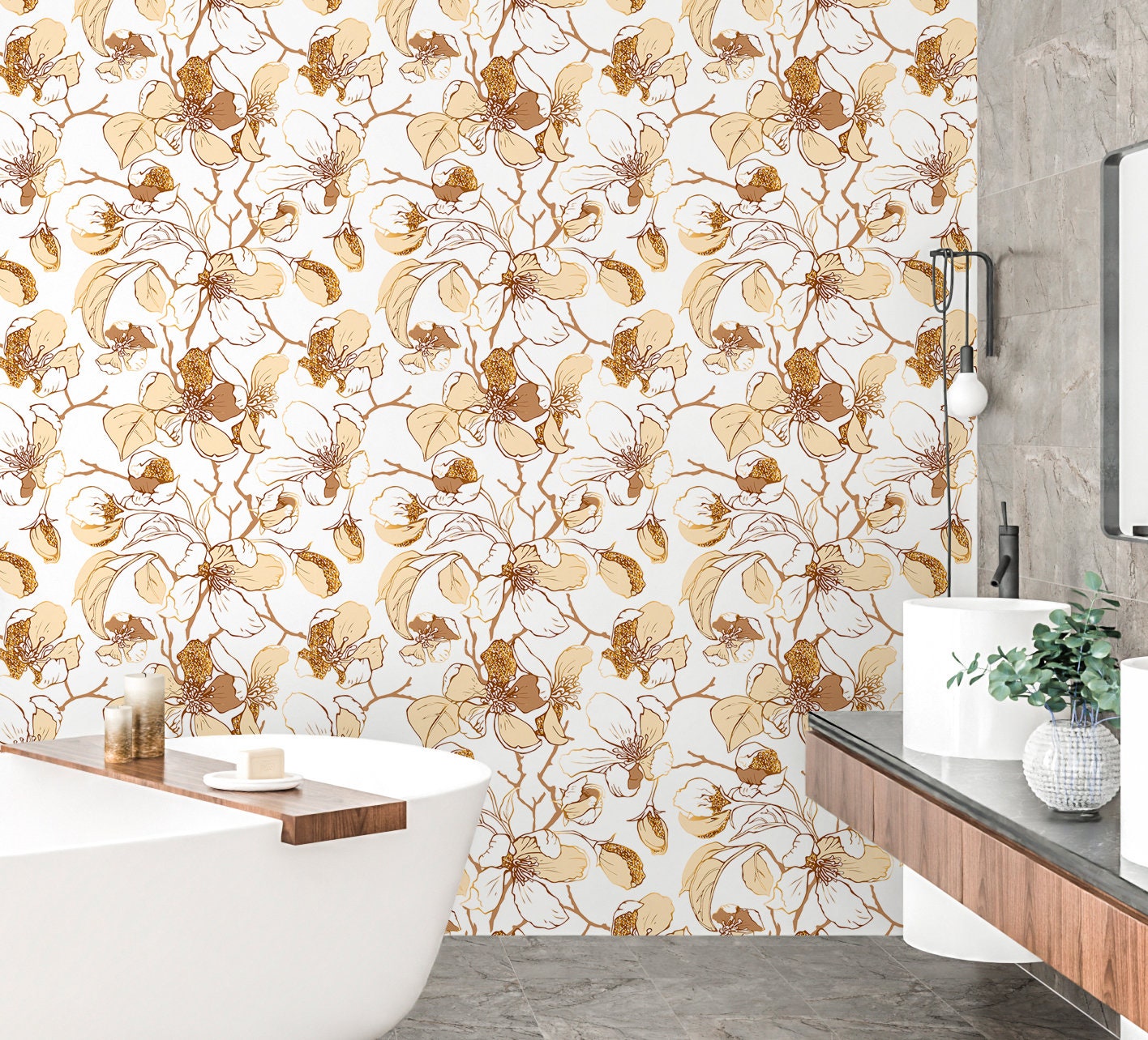Flower Branches Wallpaper Peel and Stick, Beige Botanical Canvas Removable Wall Paper