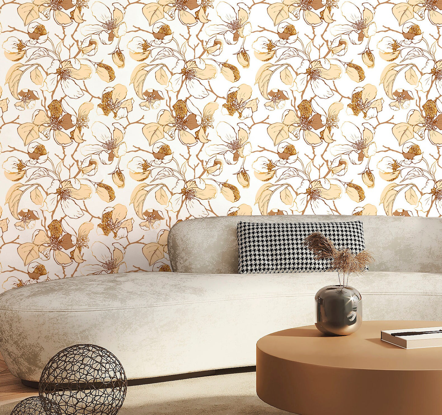 Flower Branches Wallpaper Peel and Stick, Beige Botanical Canvas Removable Wall Paper