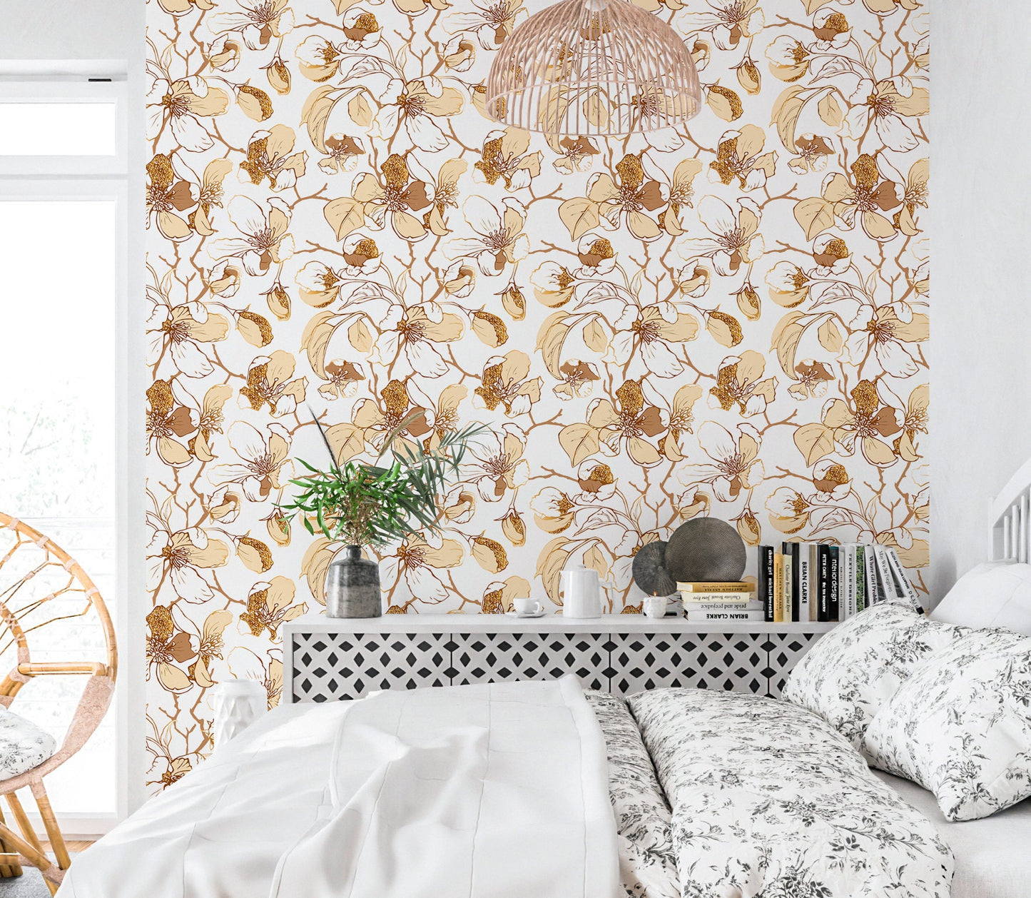 Flower Branches Wallpaper Peel and Stick, Beige Botanical Canvas Removable Wall Paper
