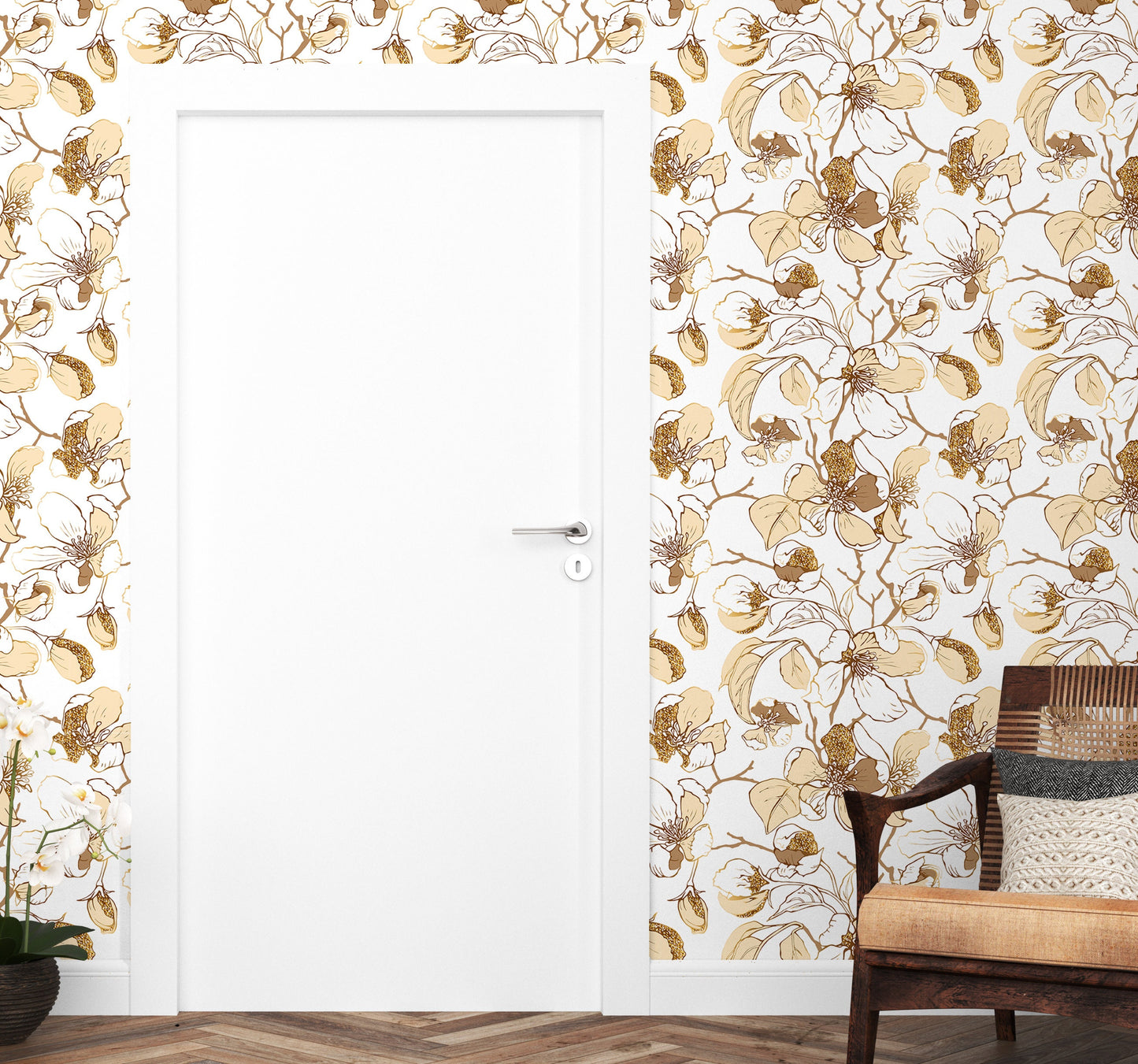 Flower Branches Wallpaper Peel and Stick, Beige Botanical Canvas Removable Wall Paper