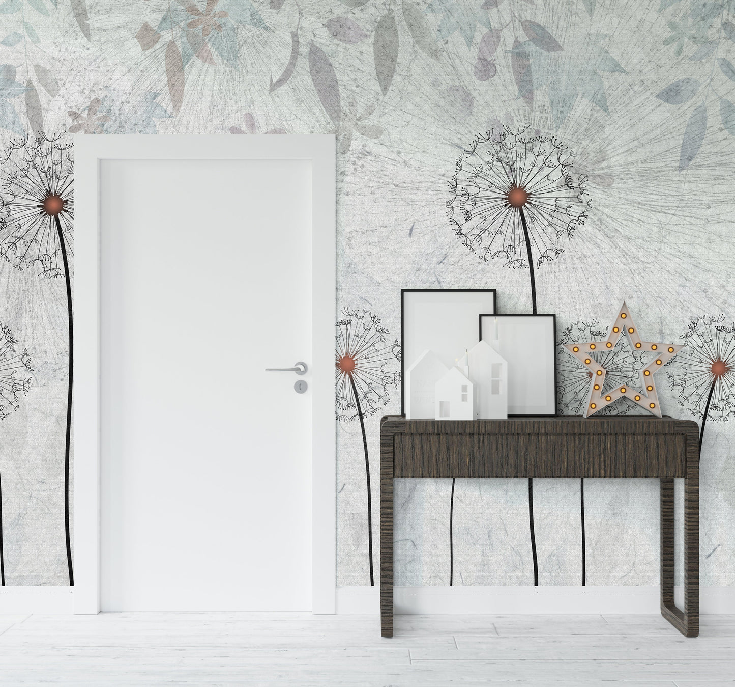 Dandelion Wallpaper Peel and Stick, Gray Botanical Mural Canvas Removable Wall Paper