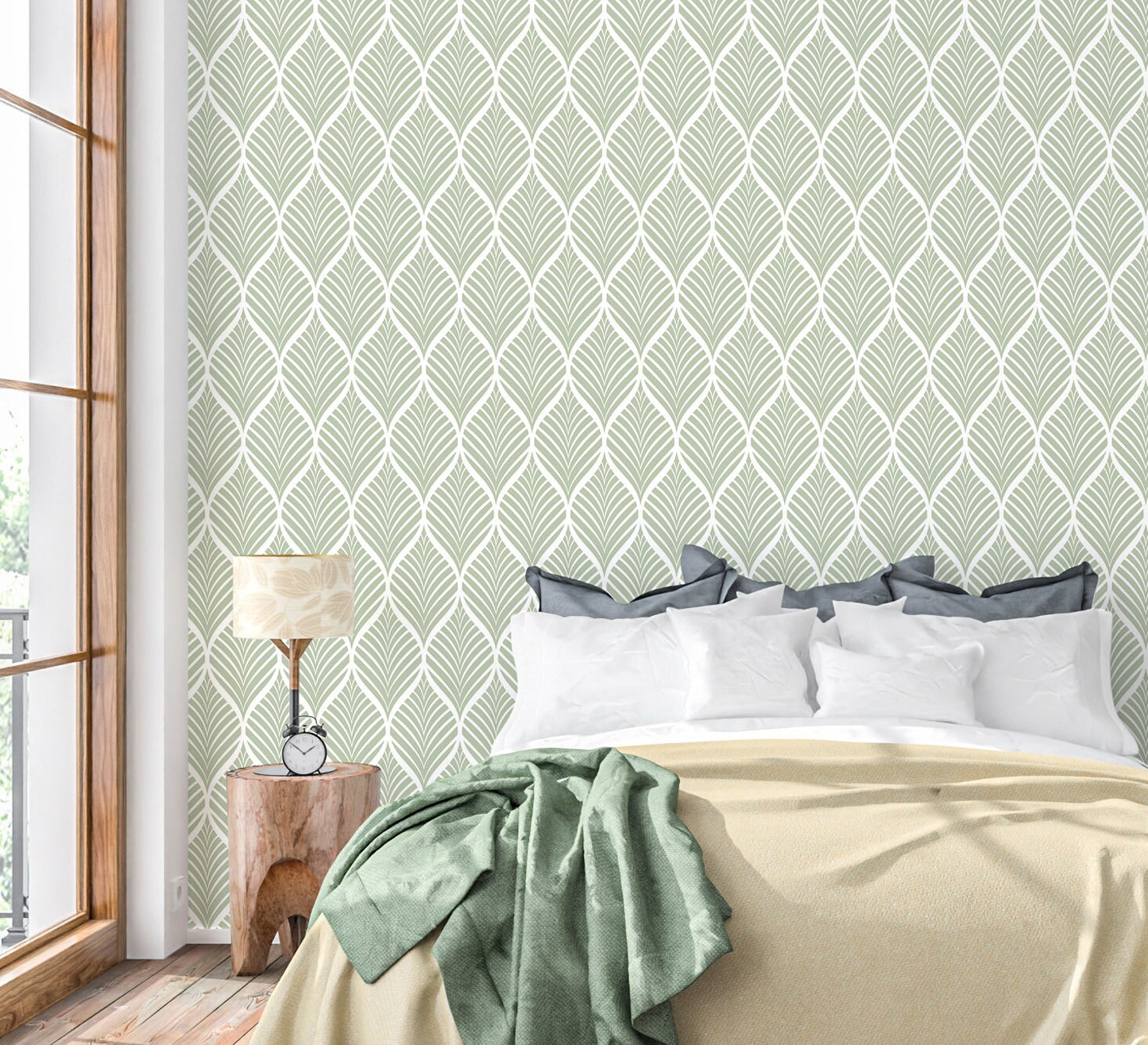 Sage Green Wallpaper Peel and Stick, Leaves Geometric Canvas Texture Removable Wall Paper