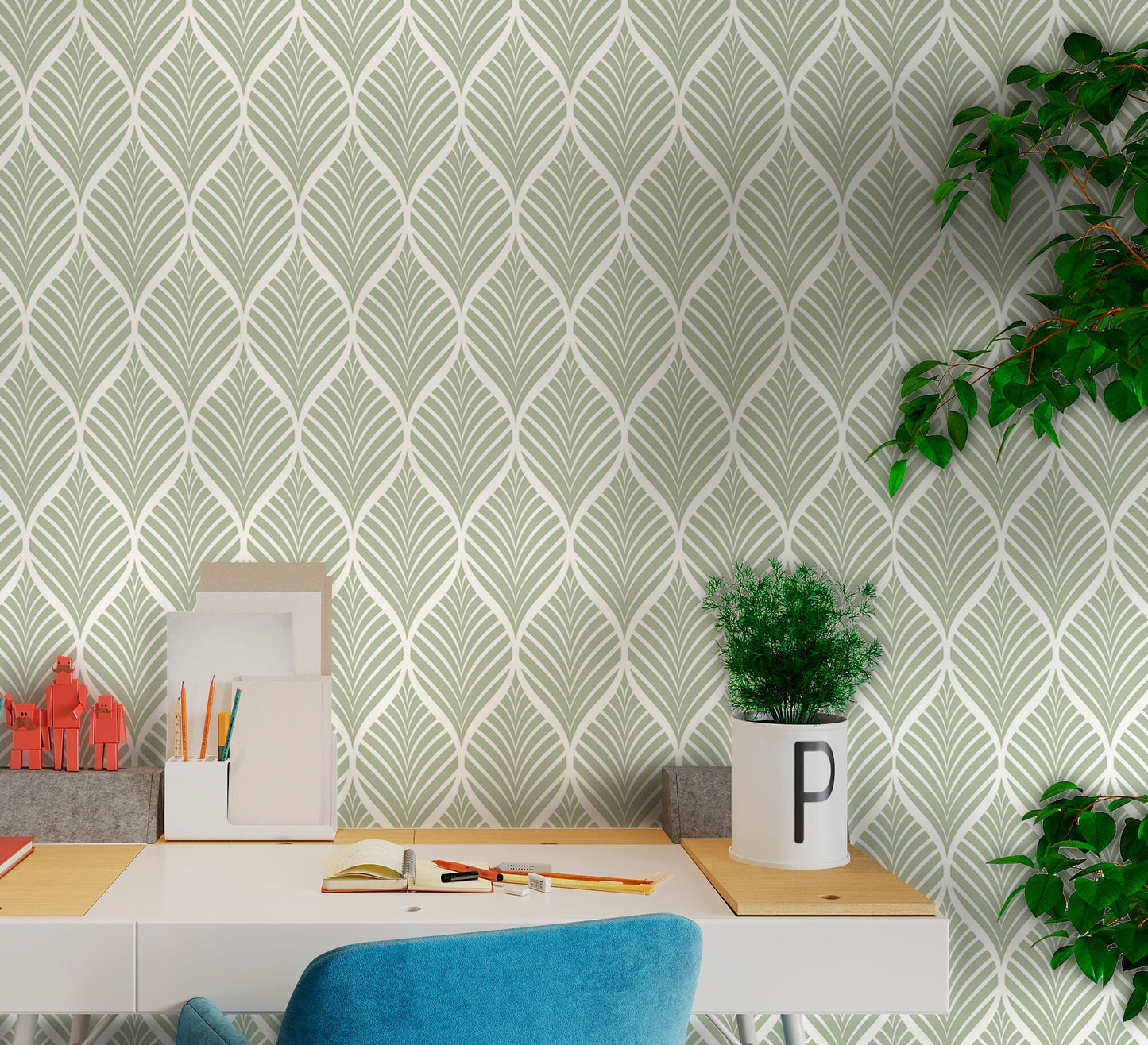 Sage Green Wallpaper Peel and Stick, Leaves Geometric Canvas Texture Removable Wall Paper