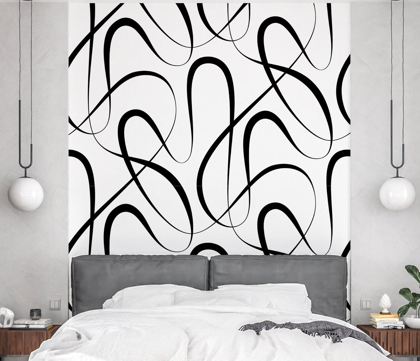 Curves Wallpaper Peel and Stick, Abstract Black and White Line Textured Removable Wall Paper