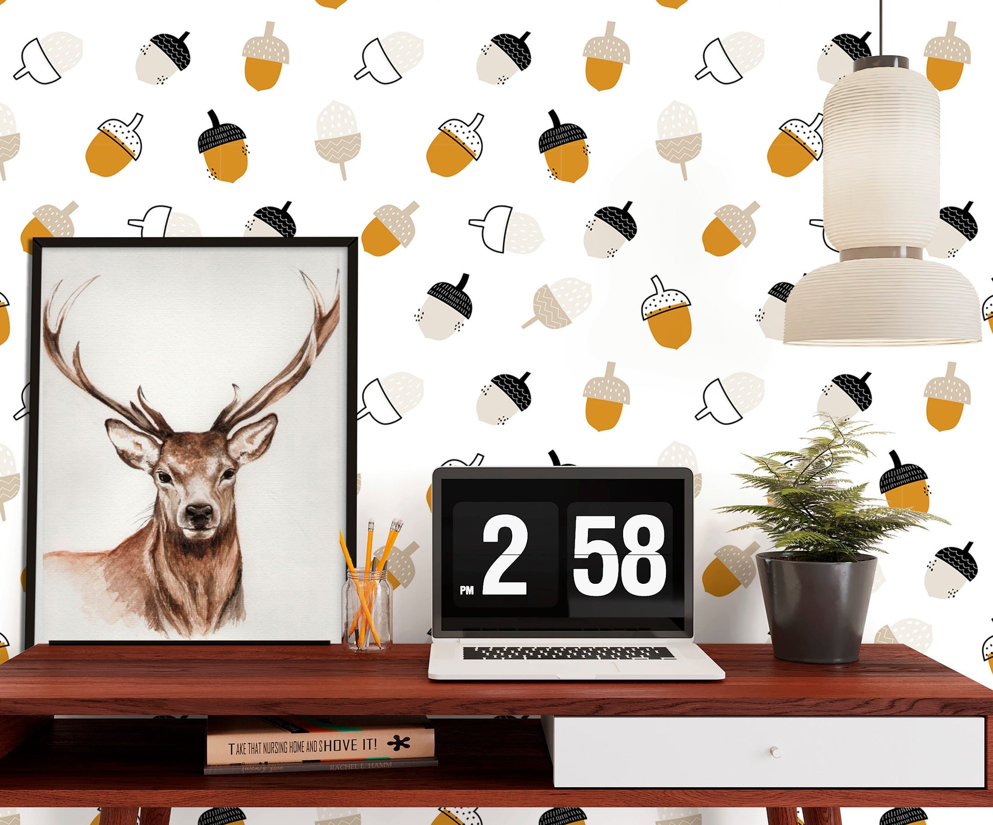 Acorns Leaves Wallpaper Peel and Stick, Fun Kids Room Removable Wall Paper