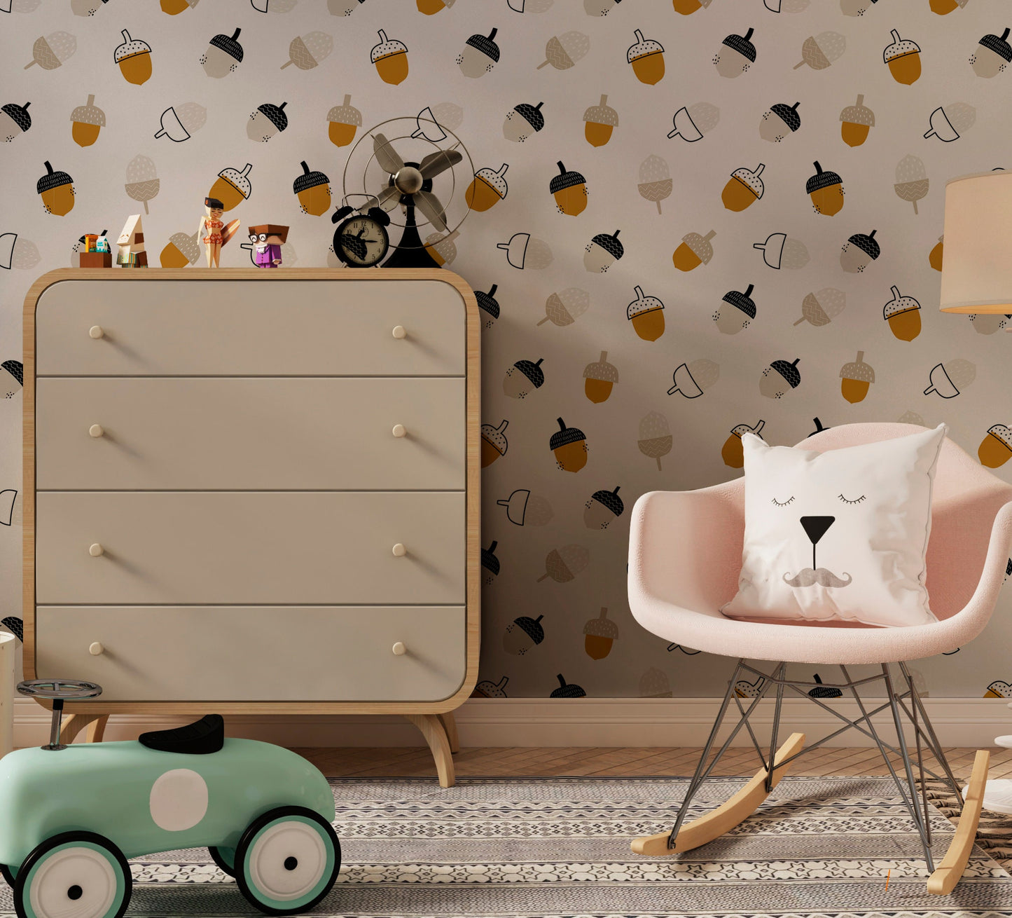 Acorns Leaves Wallpaper Peel and Stick, Fun Kids Room Removable Wall Paper