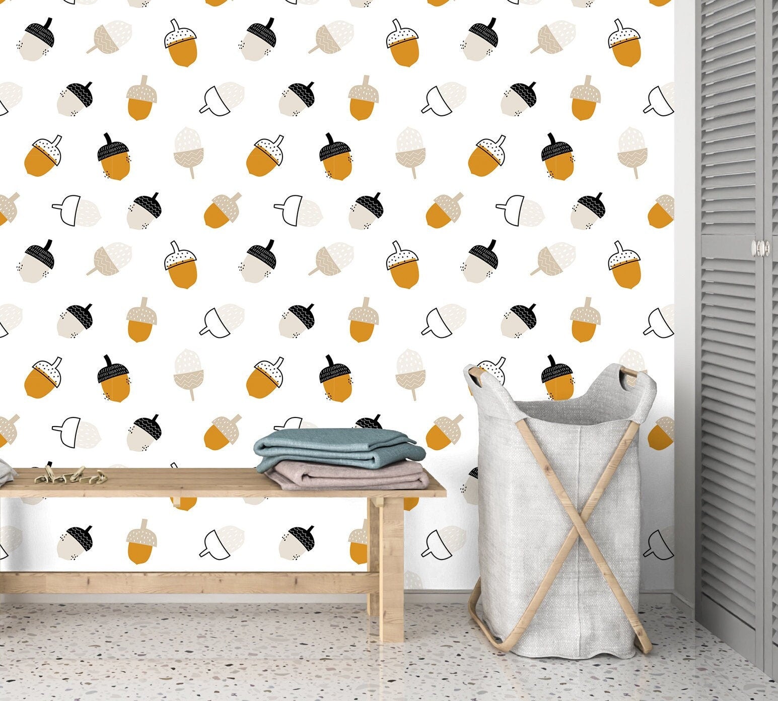 Acorns Leaves Wallpaper Peel and Stick, Fun Kids Room Removable Wall Paper