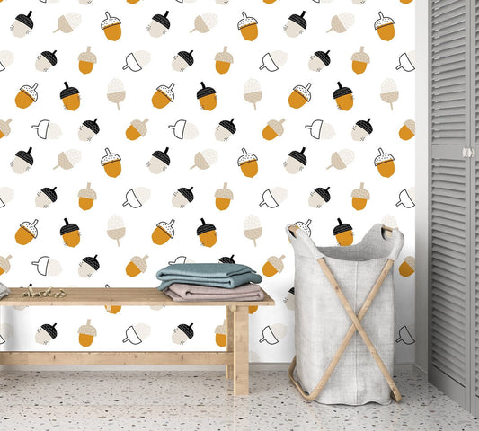 Acorns Leaves Wallpaper Peel and Stick, Fun Kids Room Removable Wall Paper
