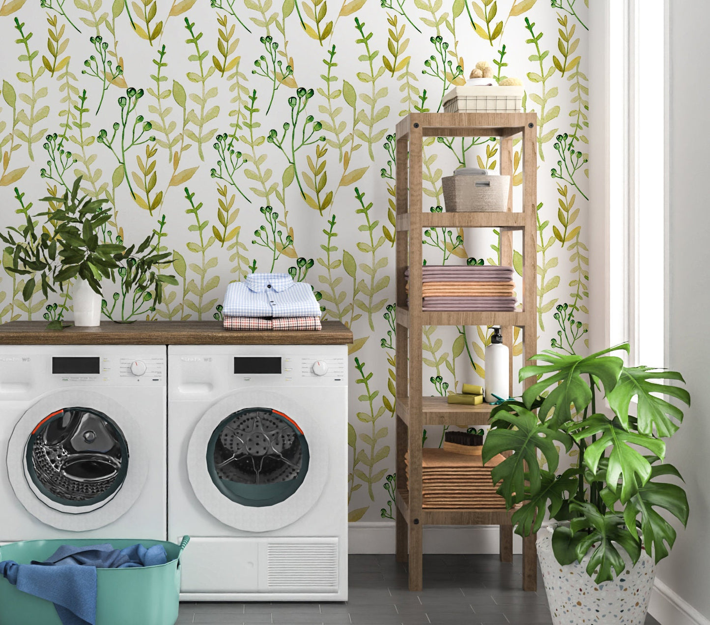 Green Leaf Wallpaper Peel and Stick, Watercolor Botanical Canvas Removable Wall Paper