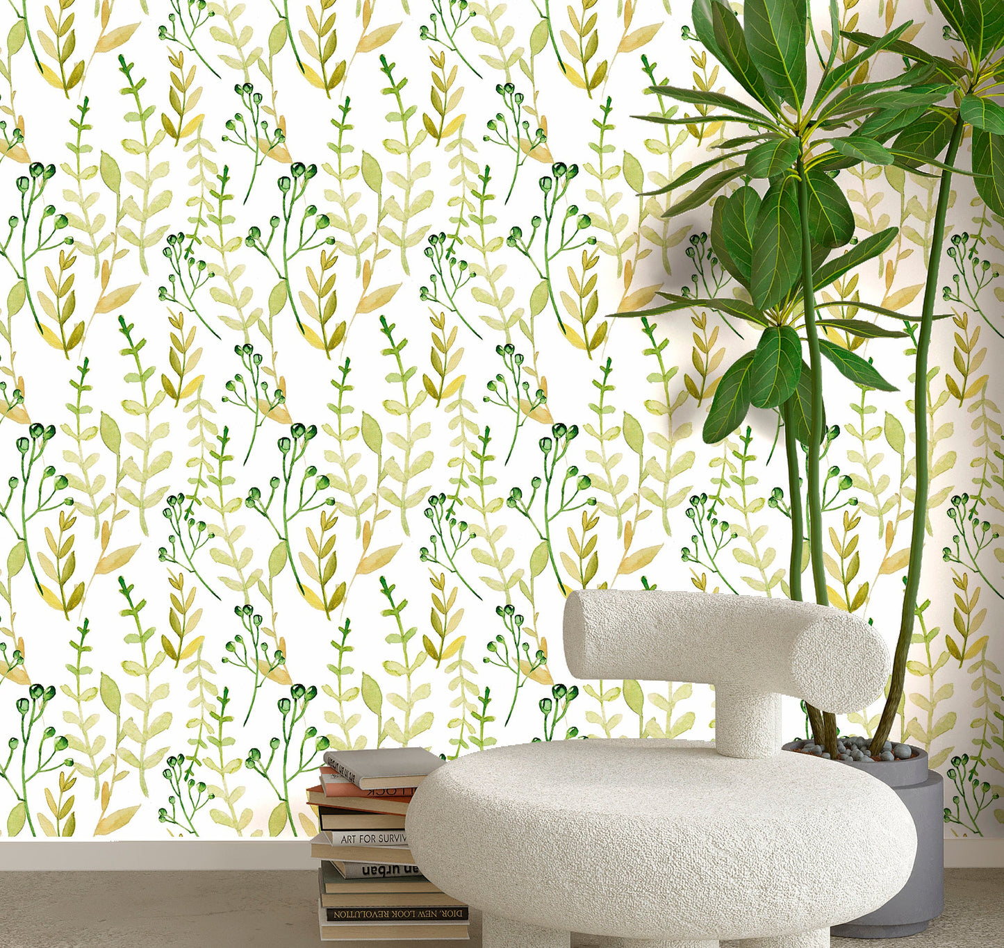 Green Leaf Wallpaper Peel and Stick, Watercolor Botanical Canvas Removable Wall Paper
