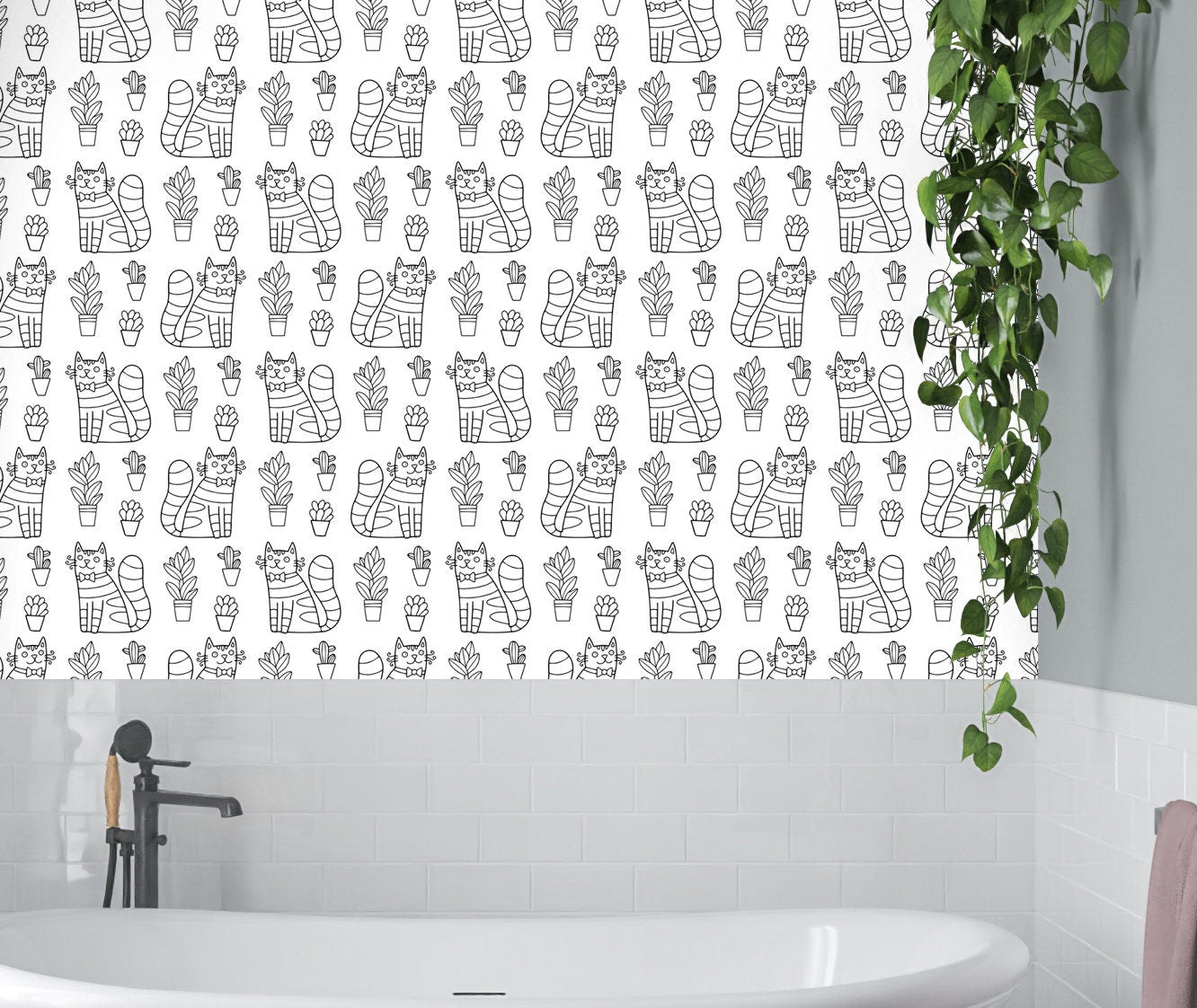 Fun Cat Wallpaper Peel and Stick, Black and White Canvas Removable Wall Paper