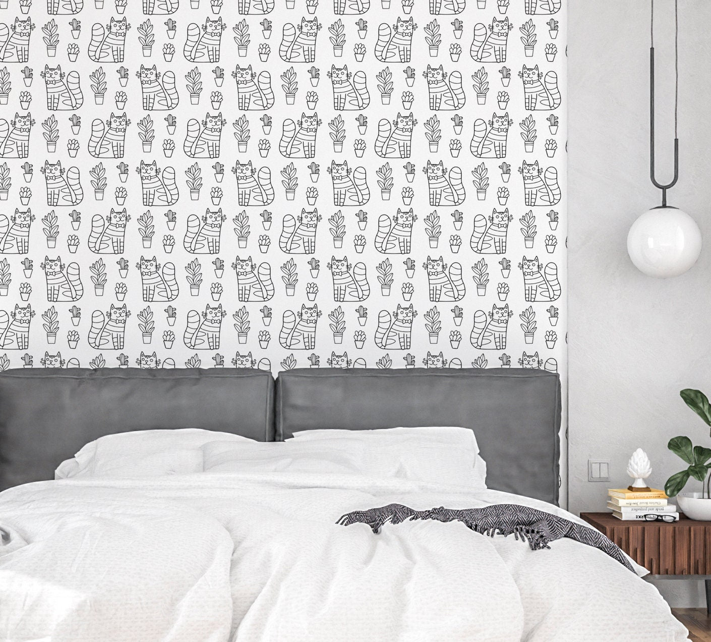 Fun Cat Wallpaper Peel and Stick, Black and White Canvas Removable Wall Paper