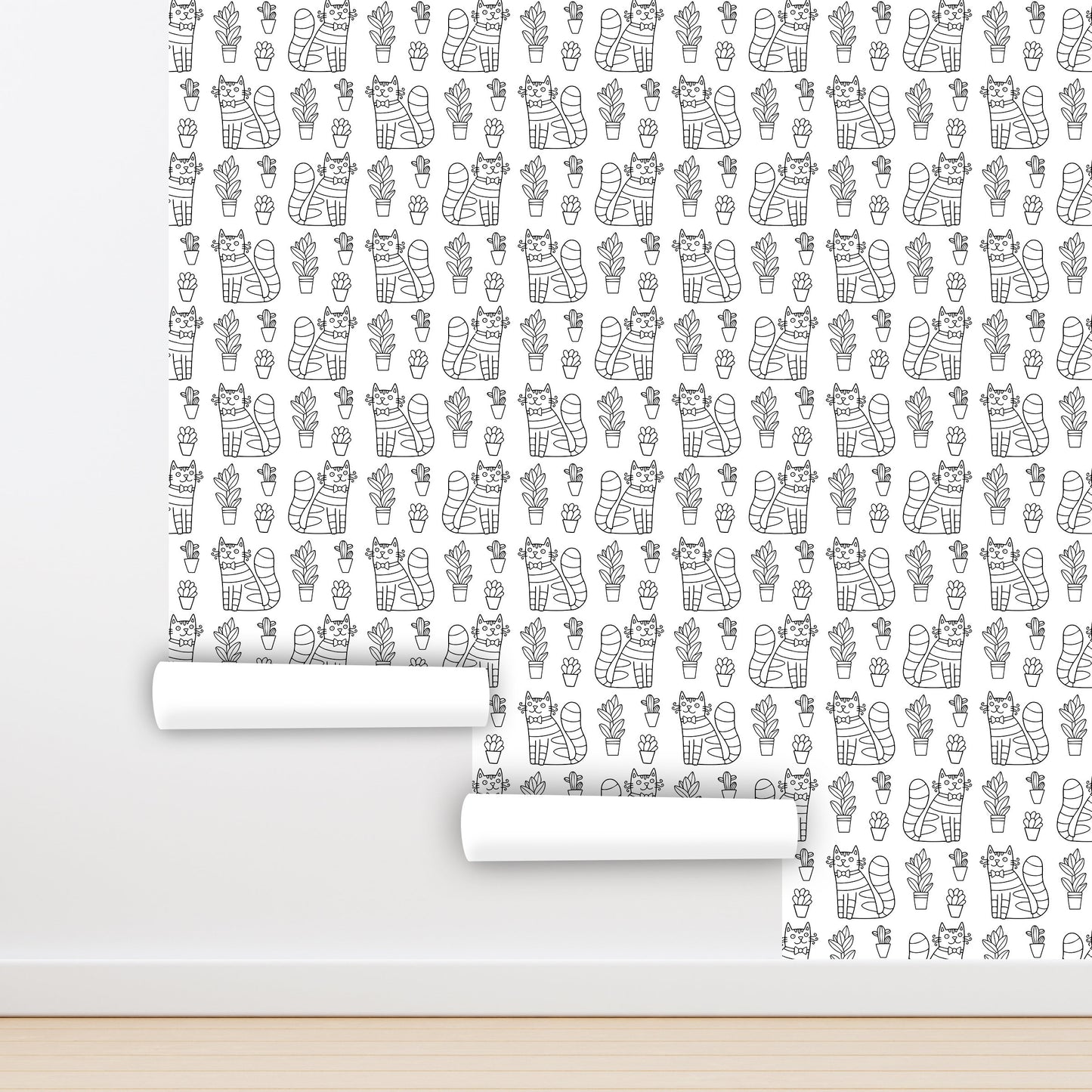 Fun Cat Wallpaper Peel and Stick, Black and White Canvas Removable Wall Paper