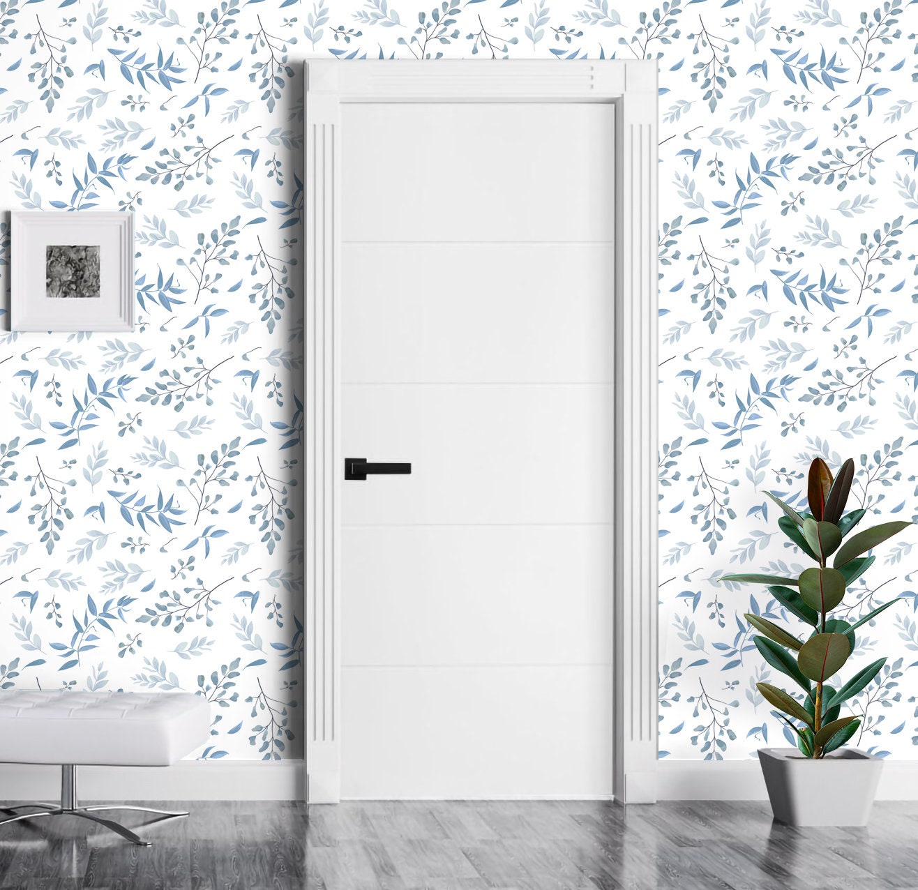 Blue Leaf Wallpaper Peel and Stick, Elegant Botanical Canvas Removable Wall Paper