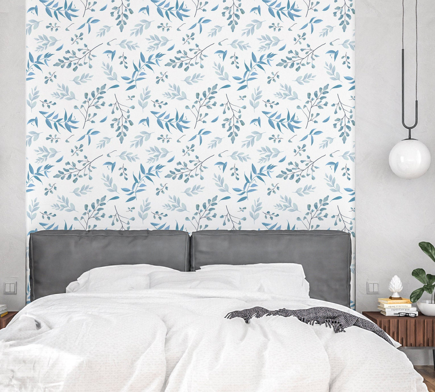 Blue Leaf Wallpaper Peel and Stick, Elegant Botanical Canvas Removable Wall Paper