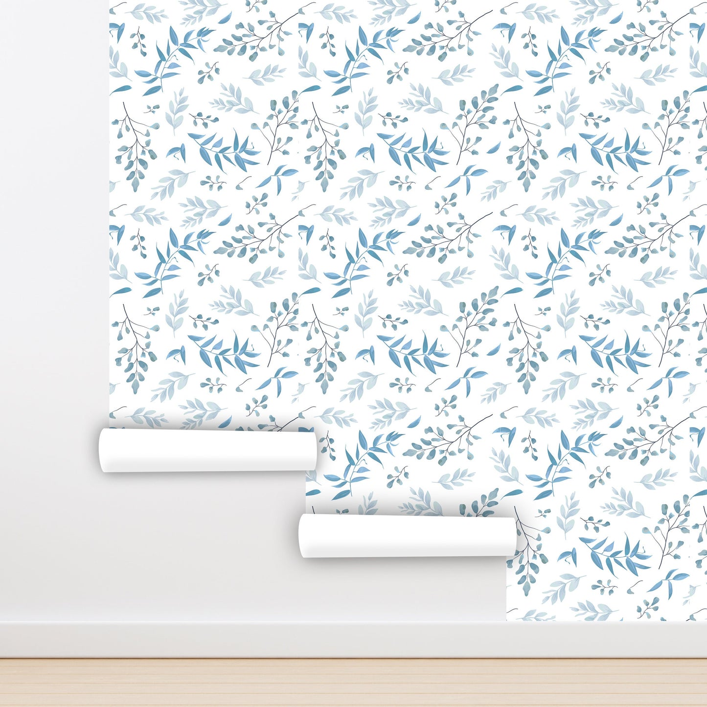 Blue Leaf Wallpaper Peel and Stick, Elegant Botanical Canvas Removable Wall Paper