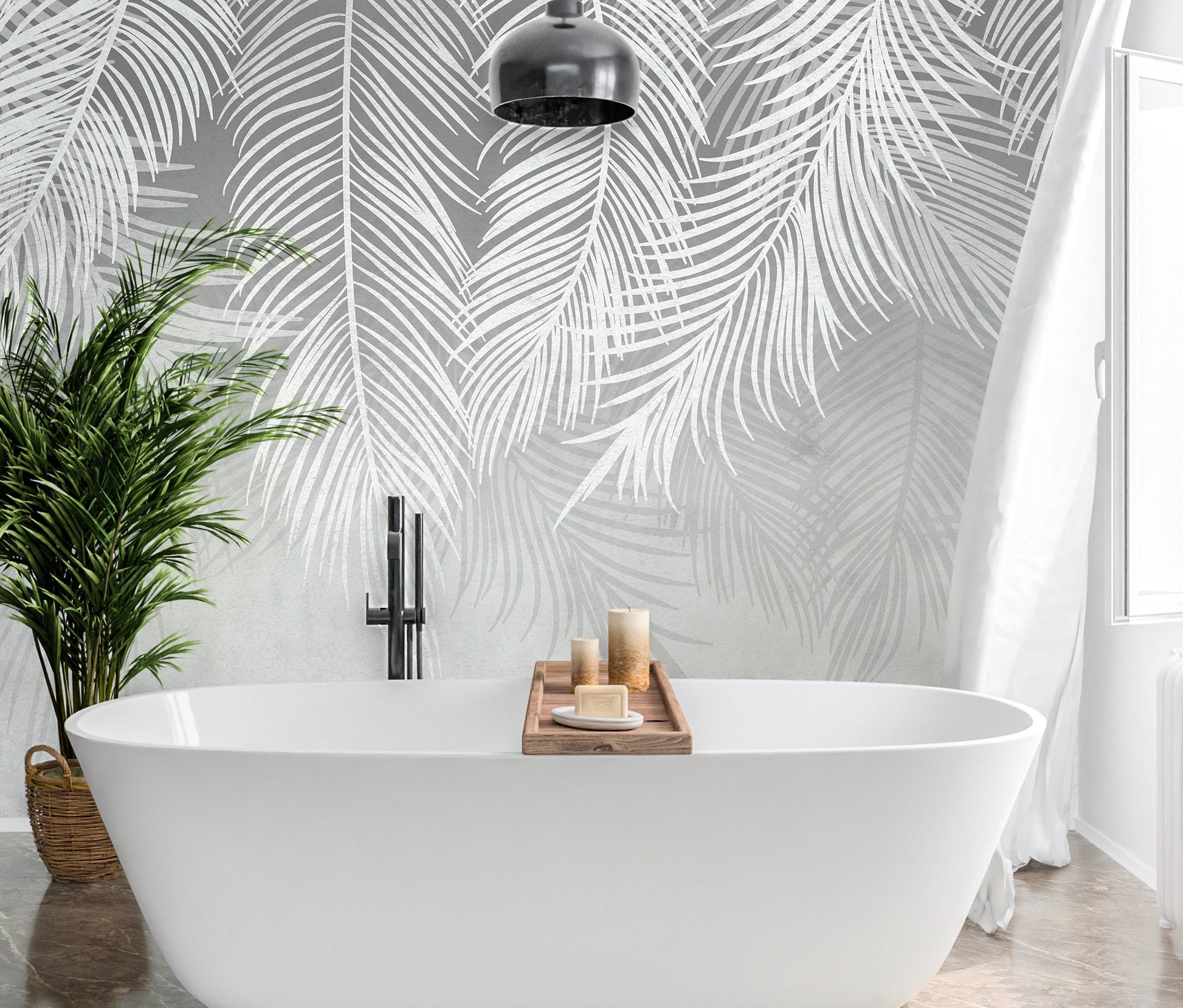Gray Palm Leaves Wallpaper Peel and Stick, Tropical Feather Textured Removable Wall Paper