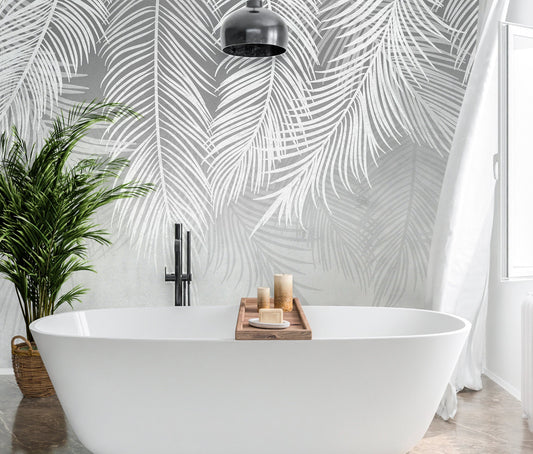 Gray Palm Leaves Wallpaper Peel and Stick, Tropical Feather Textured Removable Wall Paper