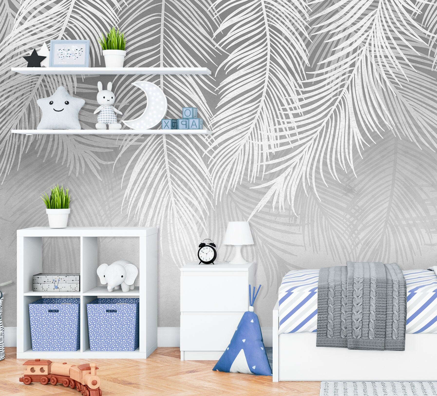 Gray Palm Leaves Wallpaper Peel and Stick, Tropical Feather Textured Removable Wall Paper