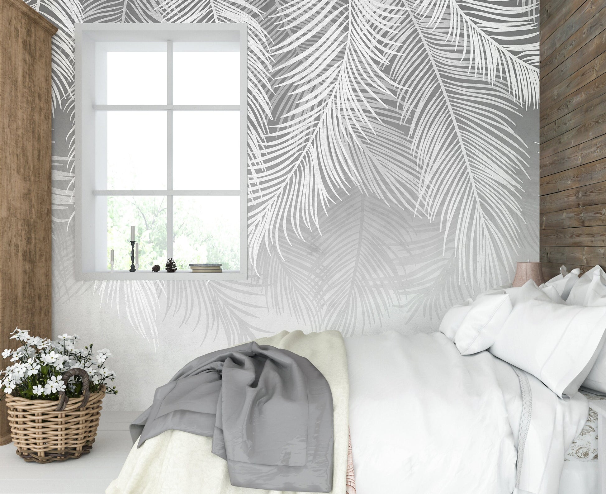 Gray Palm Leaves Wallpaper Peel and Stick, Tropical Feather Textured Removable Wall Paper