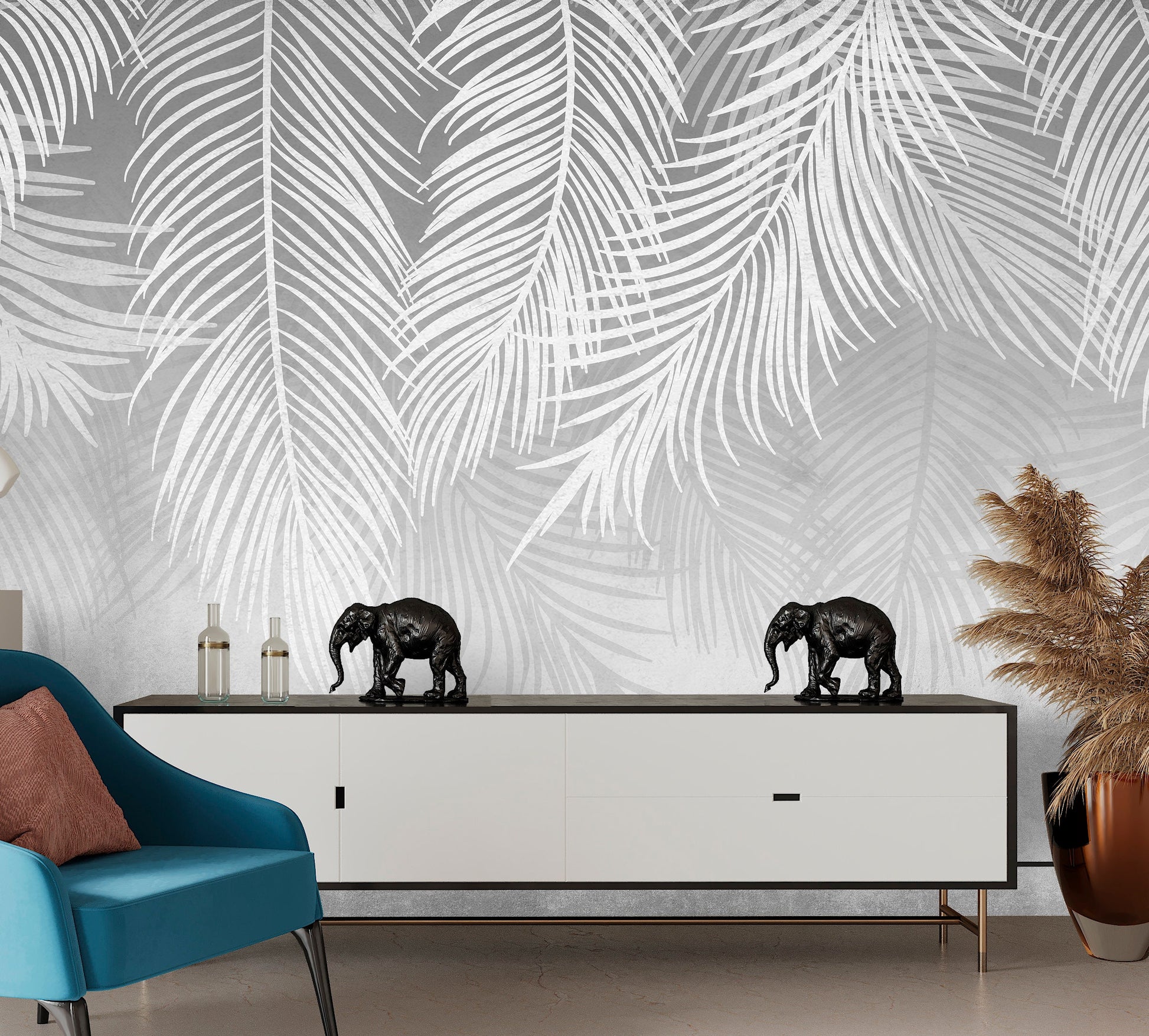 Gray Palm Leaves Wallpaper Peel and Stick, Tropical Feather Textured Removable Wall Paper