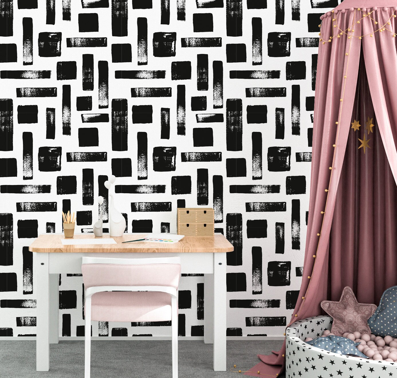 Brush Stroke Wallpaper Peel and Stick, Black and White Geometric Textured Removable Wall Paper