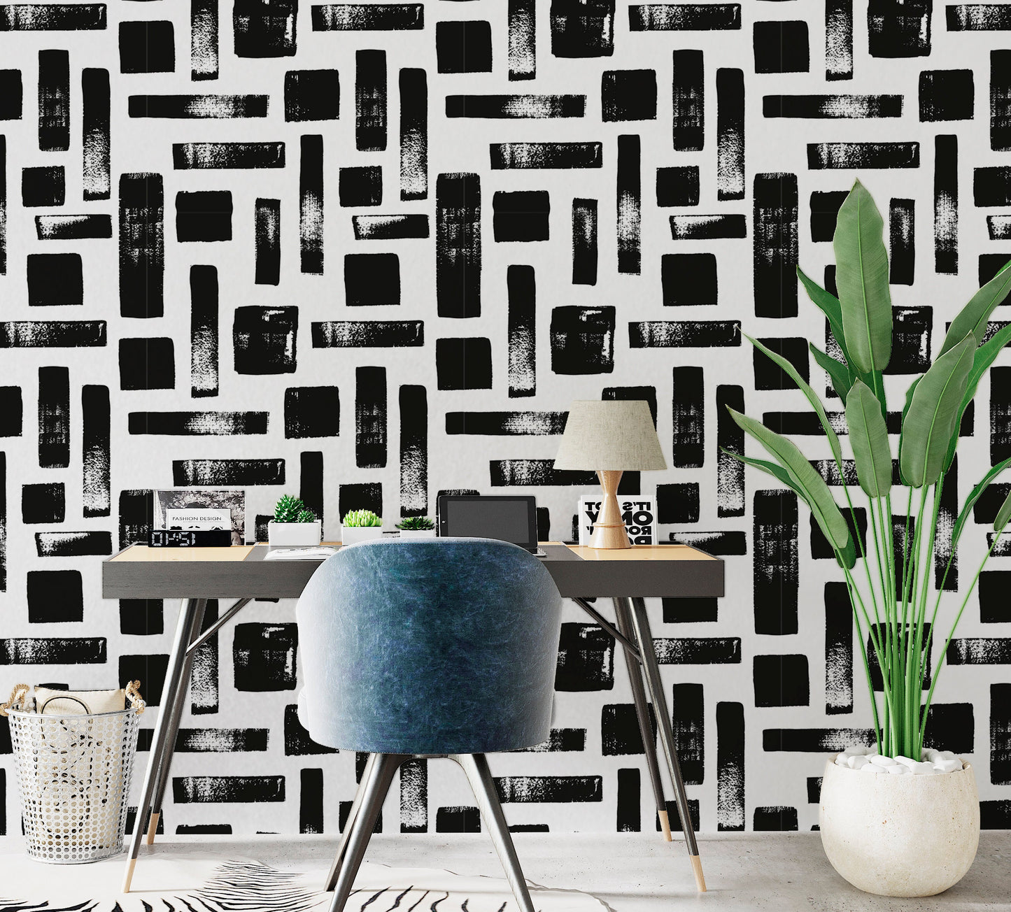 Brush Stroke Wallpaper Peel and Stick, Black and White Geometric Textured Removable Wall Paper